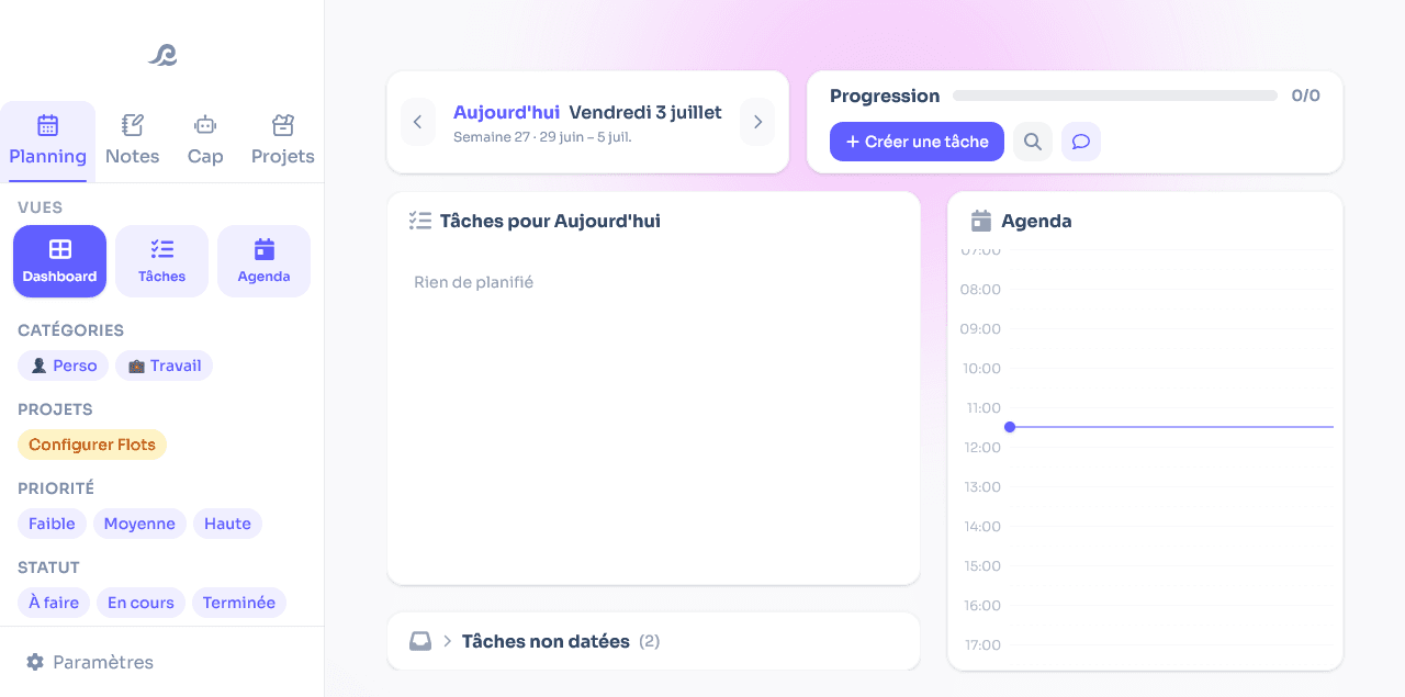 Interface Flots réunissant tâches assignées, agenda et notes pour une équipe
