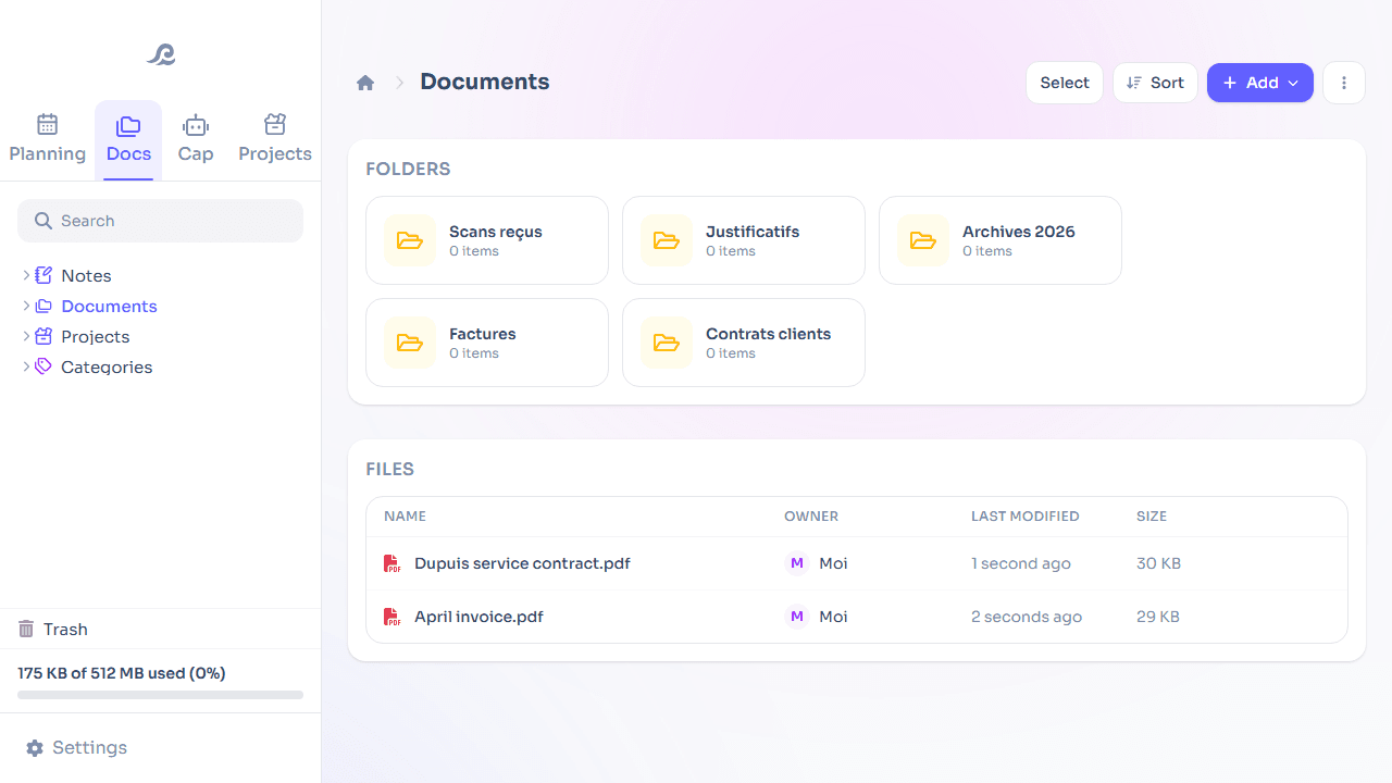Flots Documents space with files kept in a private, encrypted space hosted in Europe