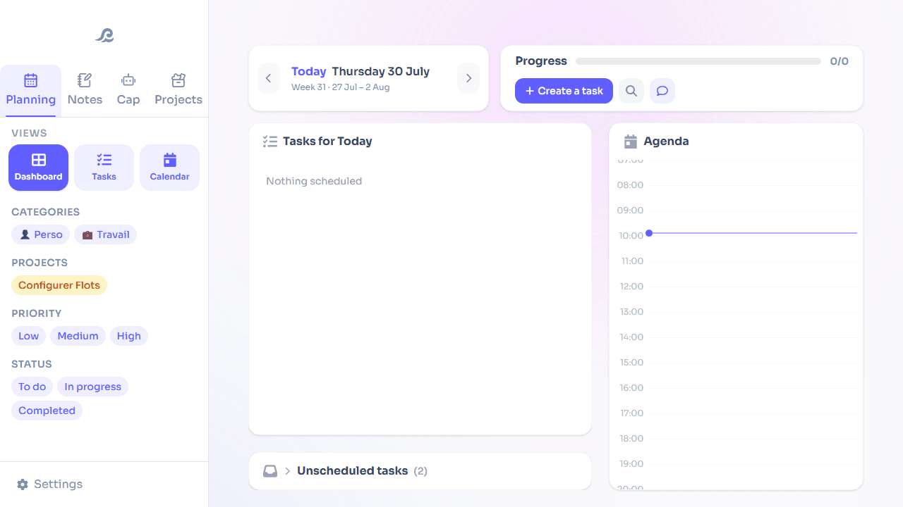 Flots' Planning dashboard bringing tasks and calendar together in one place