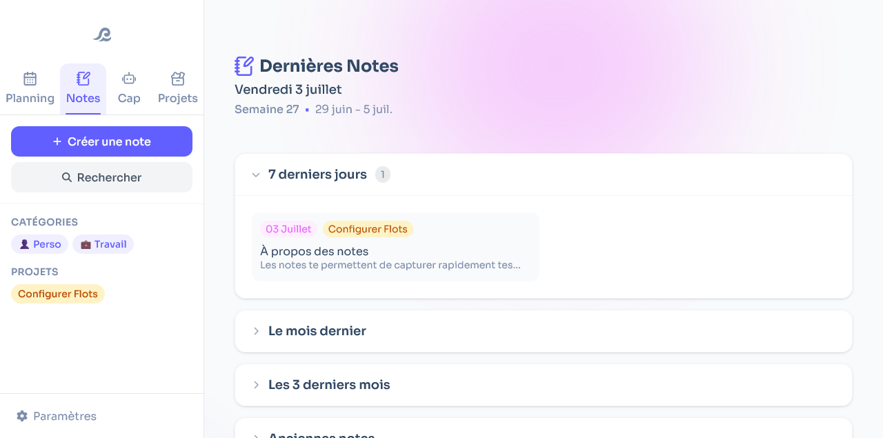 List of notes in Flots sorted by date and project category