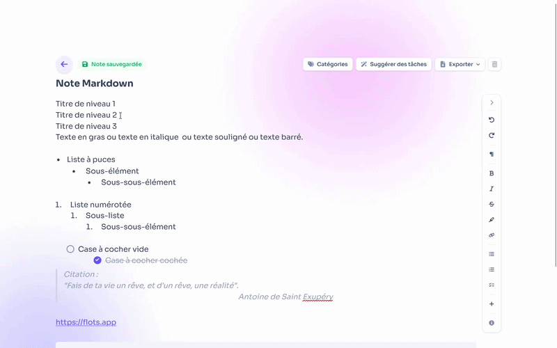 Demo of Flots notes in Markdown with tables, checkboxes, table of contents and PDF/Word export