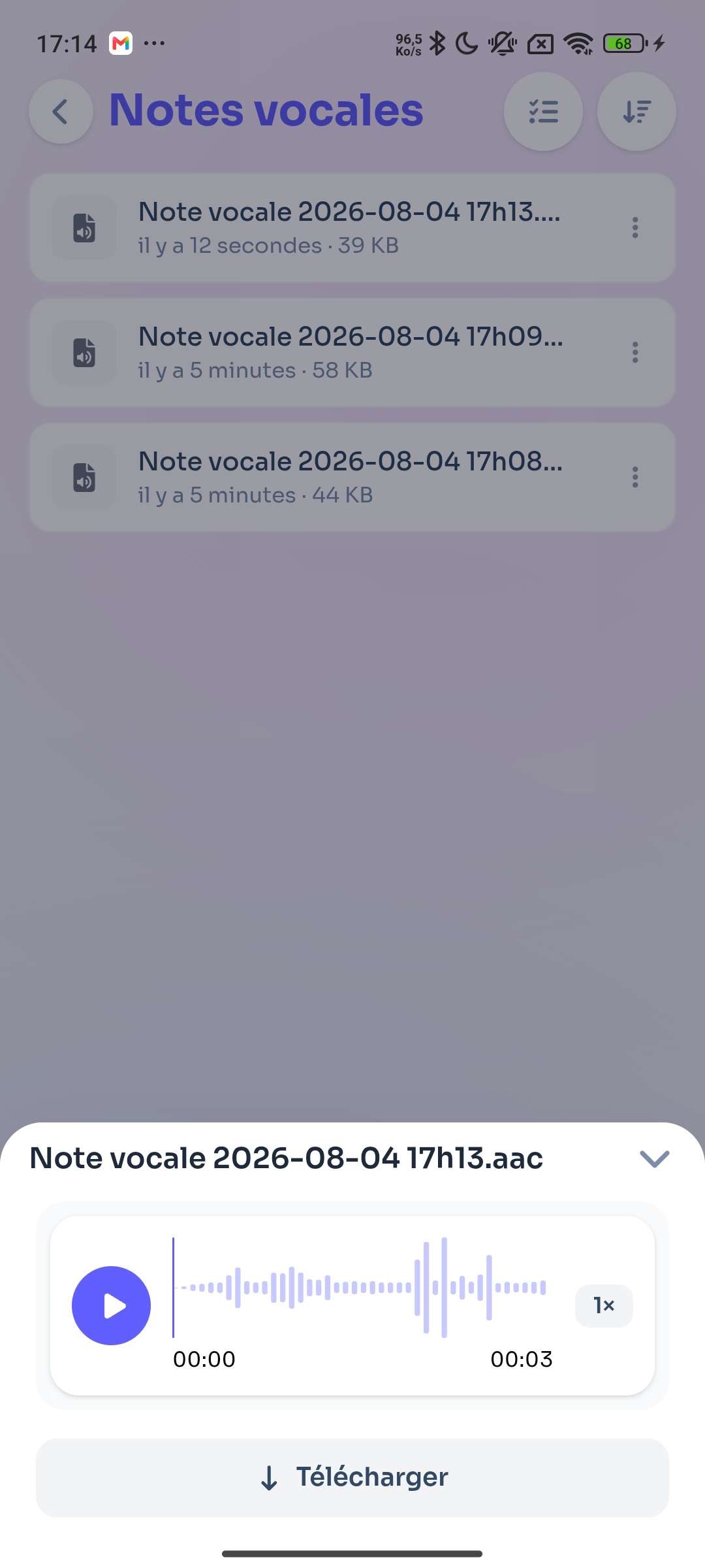 Onglet Notes vocales dans Docs, regroupant tous les enregistrements audio