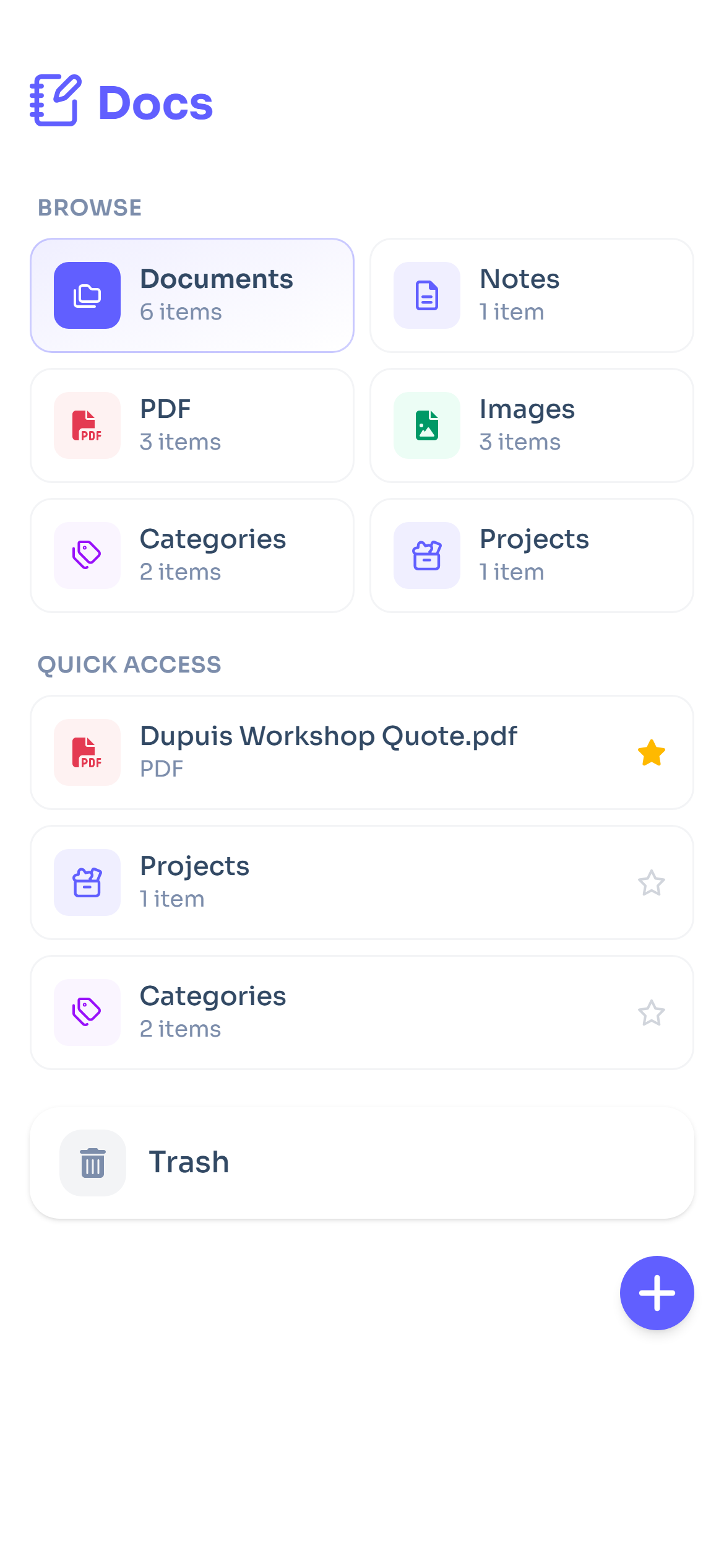 Flots mobile app: photo import and Browse by type in the Documents space