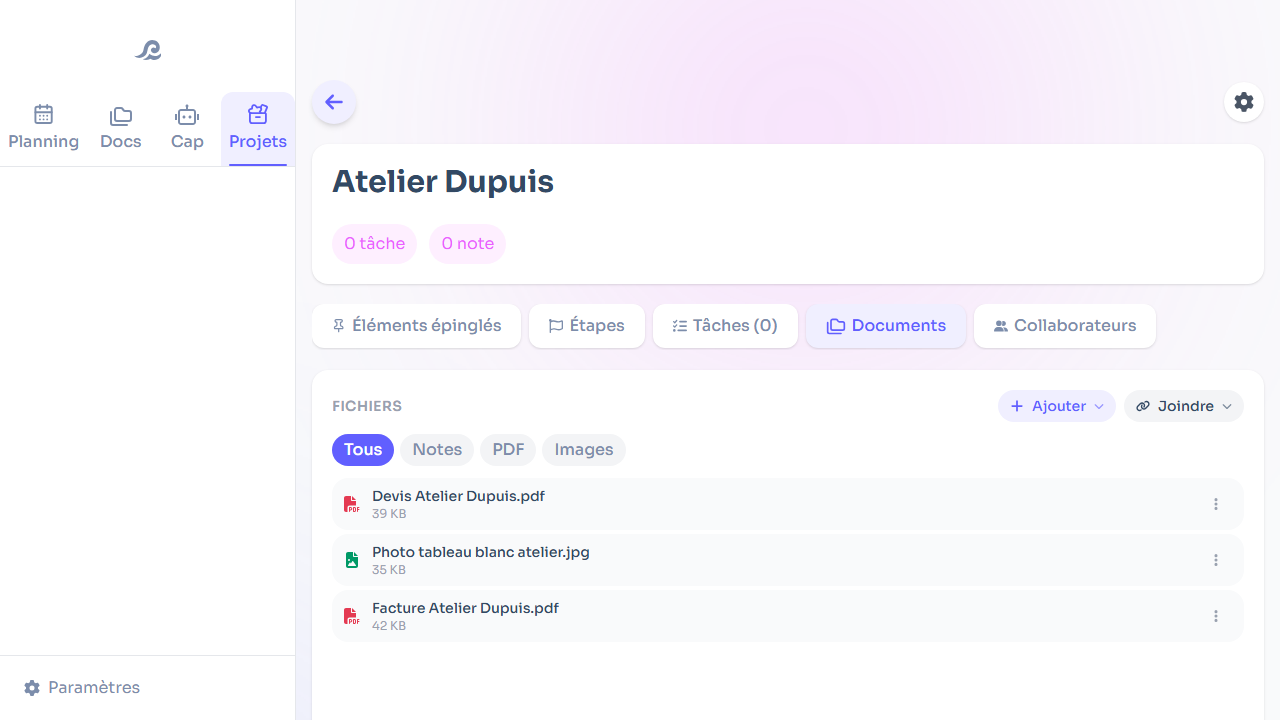 Onglet Documents d'un projet Flots, avec ses fichiers rattachés